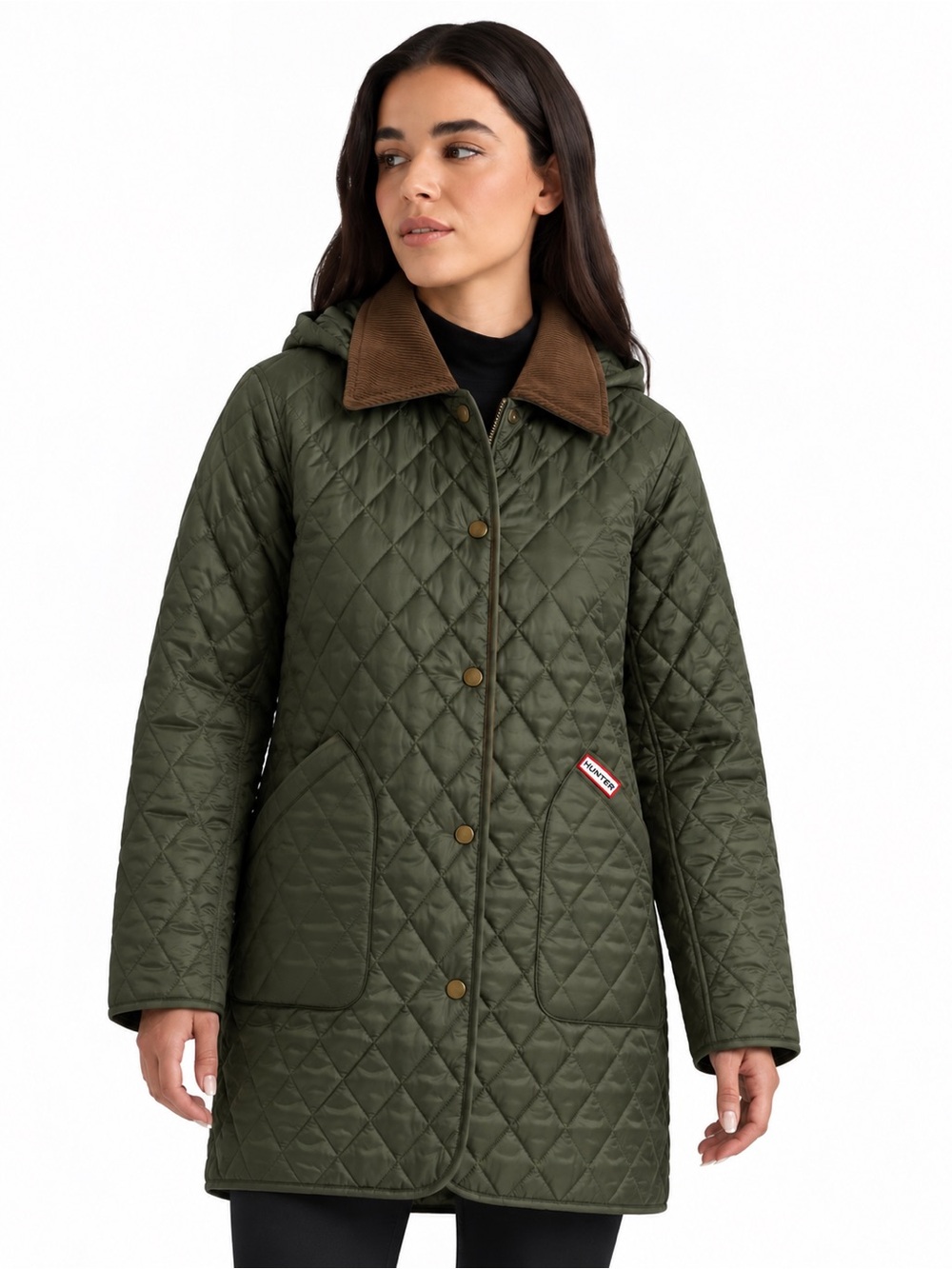 🆕 Hunter Alison Long Quilted Jacket Hunter Green Detachable Hood Size L
